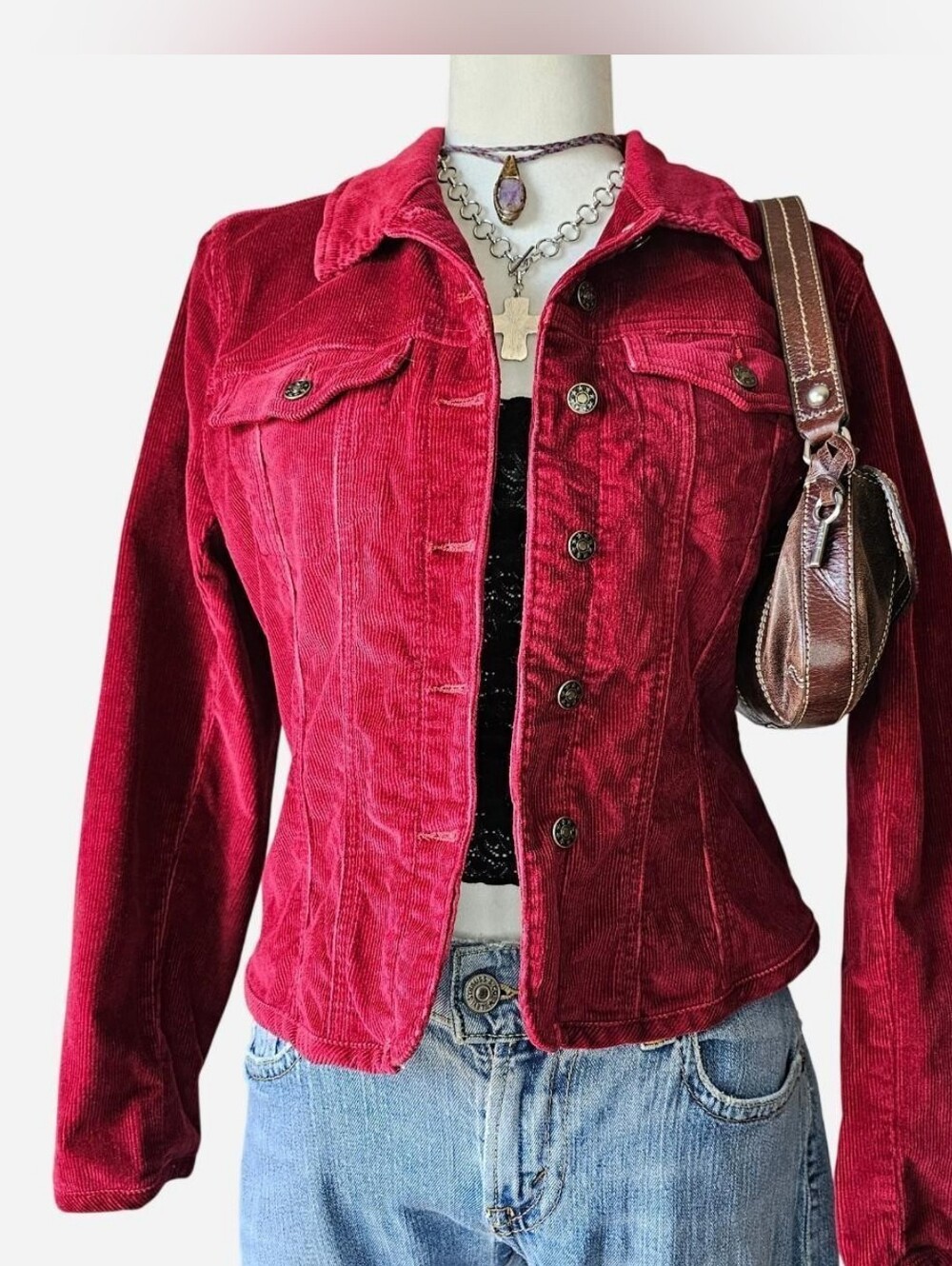 Live a Little Deep Red Corduroy Jean Jacket - Small